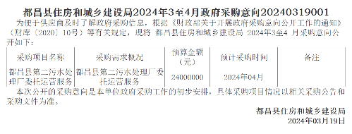 江西都昌县第二污水处理厂4月将采购运营服务
