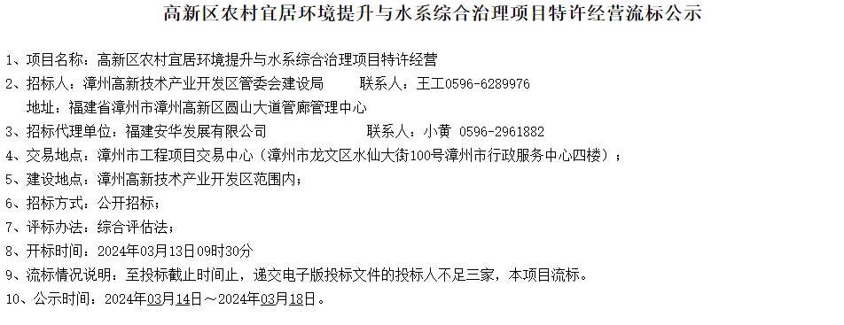 漳州高新区农村水系治理项目特许经营流标