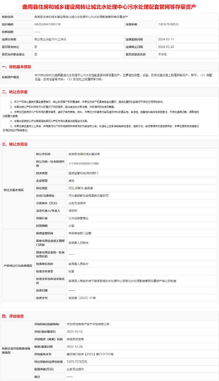 曲周县污水管网资产转让|详解存量资产处置流程 曲周县污水管网资产转让|详解存量资产处置流程