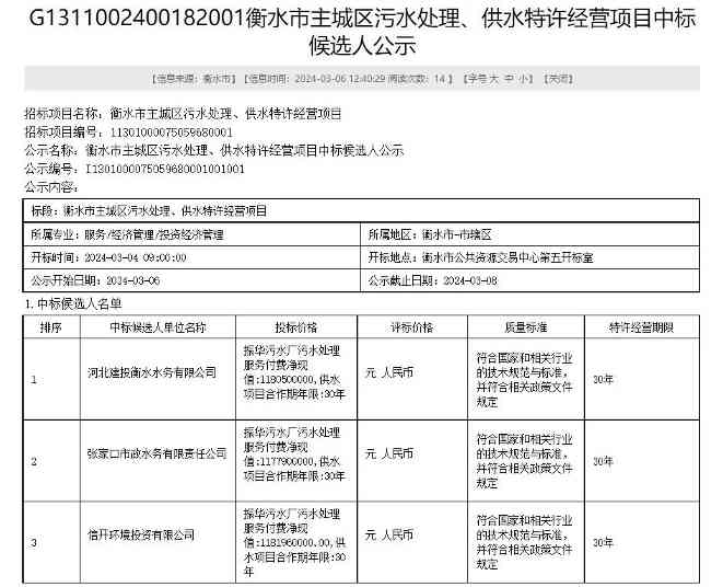 河北衡水污水处理供水项目开标｜投资11.8亿全攻略