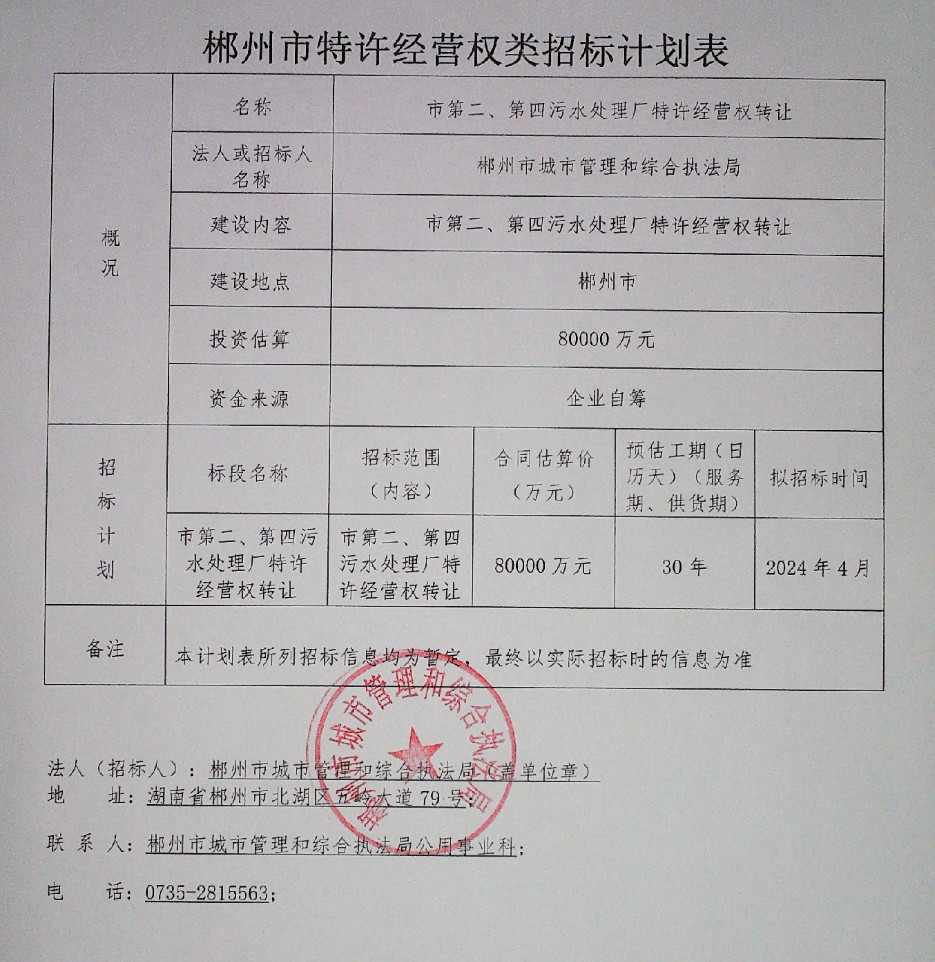 郴州污水处理厂特许经营权转让招标计划公布｜实用指南